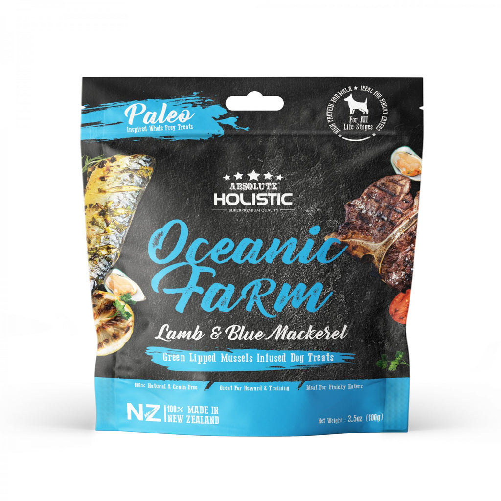 ABSOLUTE HOLISTIC Air Dried Dog Treats 100g - Oceanic Farm BLUE MACKEREL & LAMB