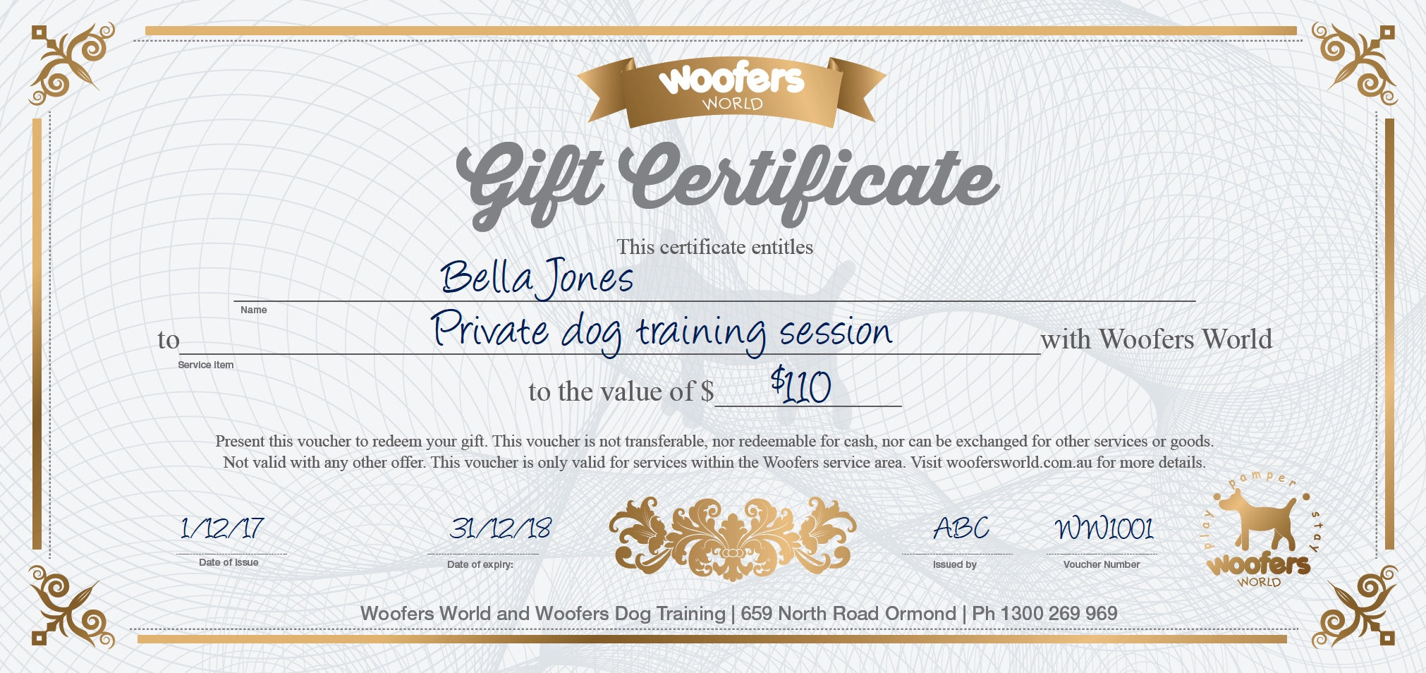 Woofers Gift Certificate Dog Training Woofers World